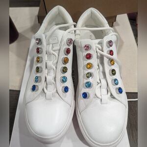 Super Cute Kurt Geiger White Leather Tennis Shoes w/ Multi Color Rhinestones 9.5